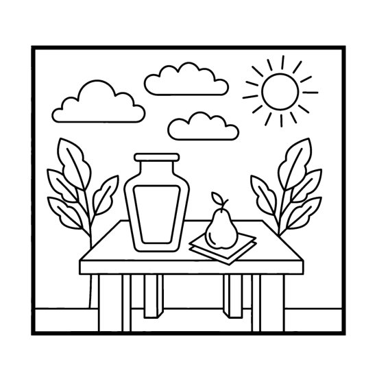 Blank square vase on a table with a pear and leafy plants, coloring sheet