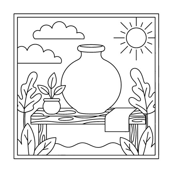 Large round blank vase on a wooden table with a potted plant and clouds, coloring page