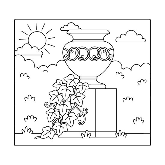 Carved stone urn with a scroll relief and trailing ivy on a pedestal, bold and easy
