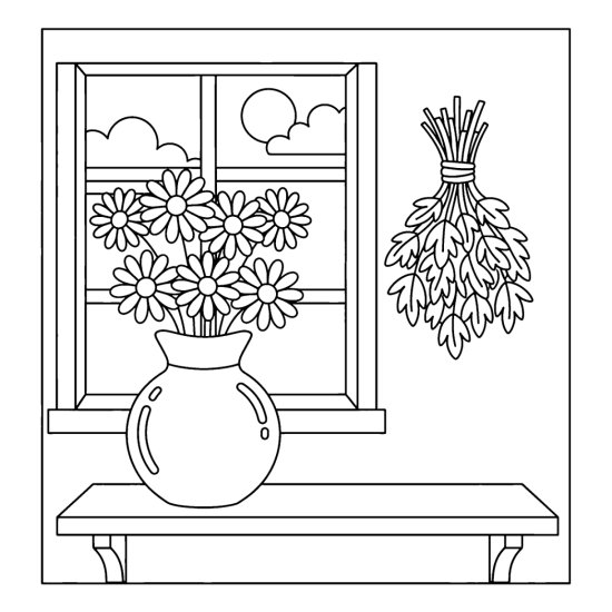 Round jug vase of daisies on a shelf below a window with hanging herbs, coloring page