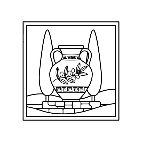 Greek amphora with an olive branch and meander band between cypress trees, coloring page