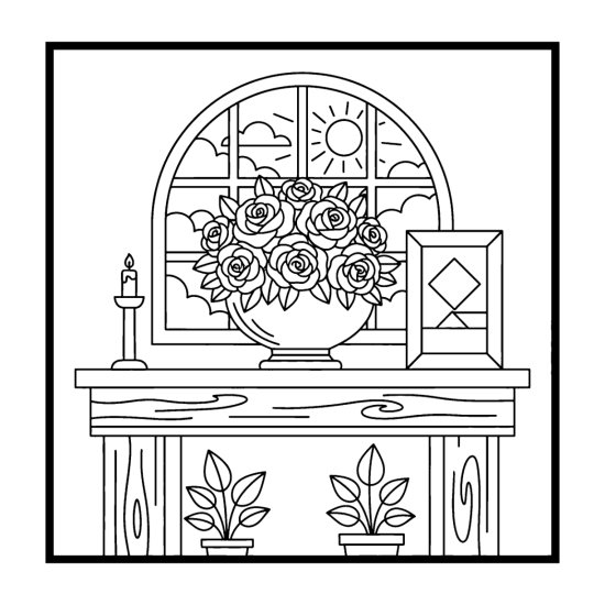Footed bowl vase of roses on a mantel with a candle and framed picture, coloring sheet