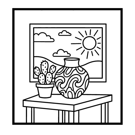 Vase with bold swirls beside a potted cactus and a framed window scene, bold and easy