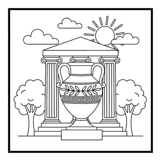 Greek urn with a laurel wreath and meander band below a temple pediment, coloring page