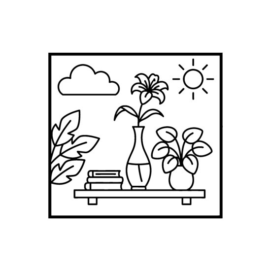 Narrow necked vase holding a single lily beside books and a plant, coloring sheet