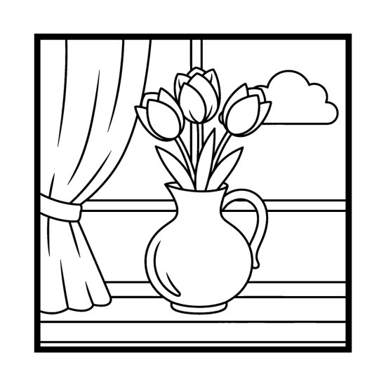 Curved jug vase of tulips on a windowsill with a curtain and cloud, coloring sheet