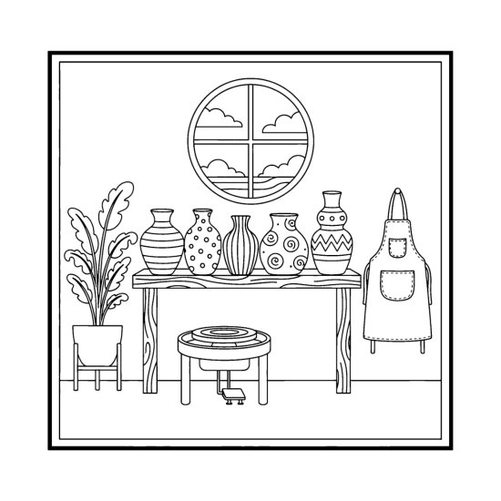 Row of five patterned vases on a shelf above a potters wheel and apron, bold and easy