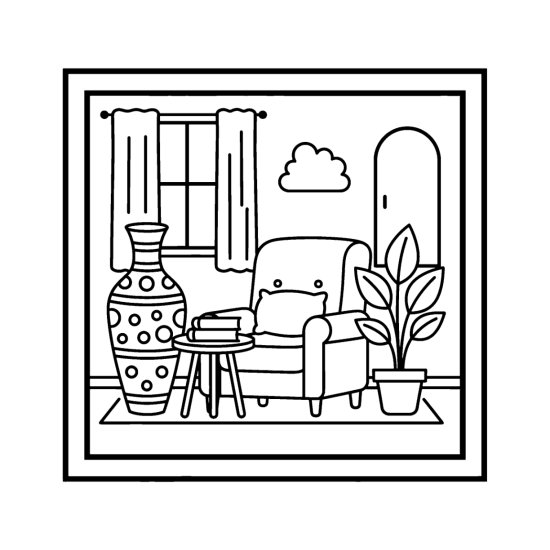 Tall banded floor vase in a reading corner with an armchair and plant, coloring page