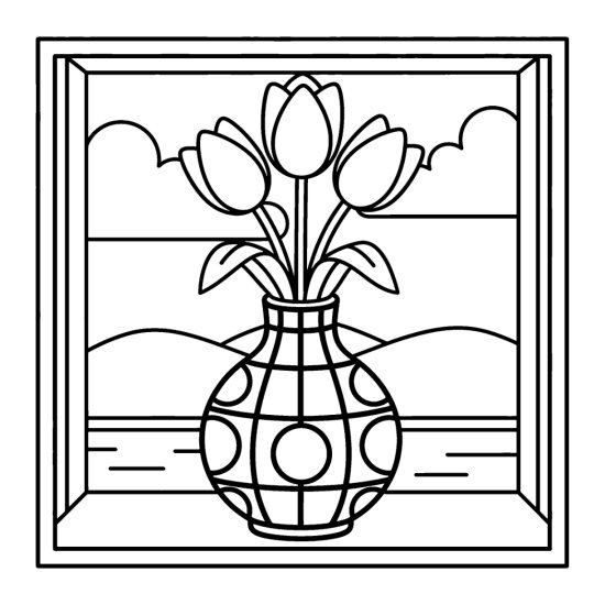 Round lattice vase with big dots holding tulips above rolling hills, bold and easy