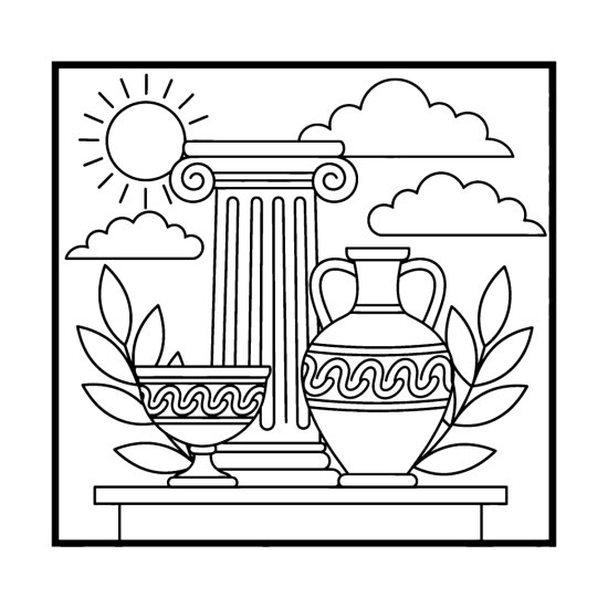 Greek kylix cup and amphora with wave bands beside a column and olive branches, bold and easy