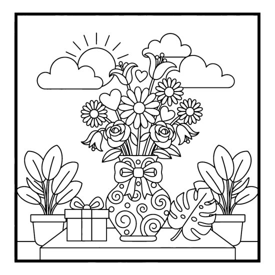 Patterned vase with a ribbon and bouquet beside a gift box and plants, coloring sheet