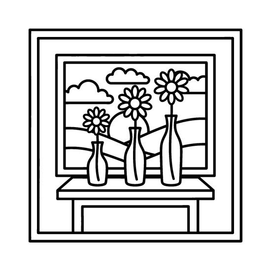 Three slender bud vases each holding a single daisy before a window, bold and easy