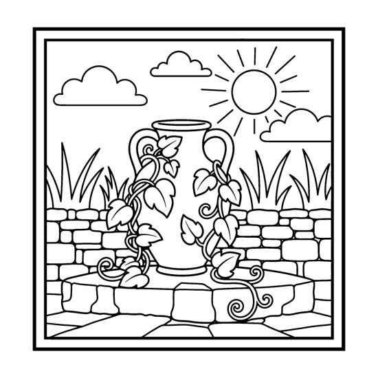 Two handled amphora with climbing vines on a stone wall under the sun, coloring page