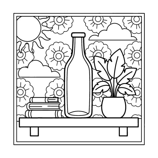 Tall bottle vase with books and a plant against a floral wall, bold and easy