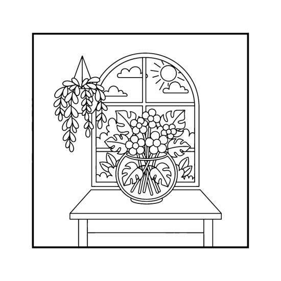 Fishbowl vase of mixed flowers under an arched window with a hanging plant, coloring page