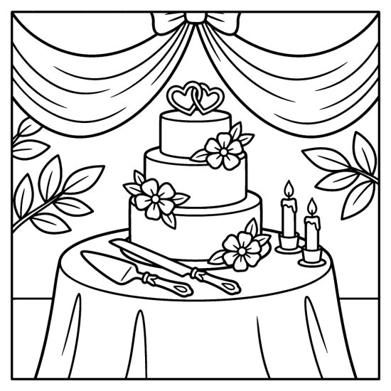 A tall tiered wedding cake with a topper and candles fills this simple coloring page