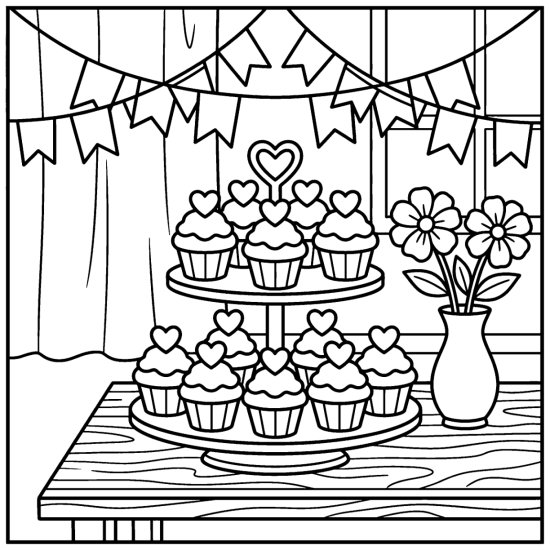 A tiered cupcake stand with heart toppers and a flower vase, coloring page