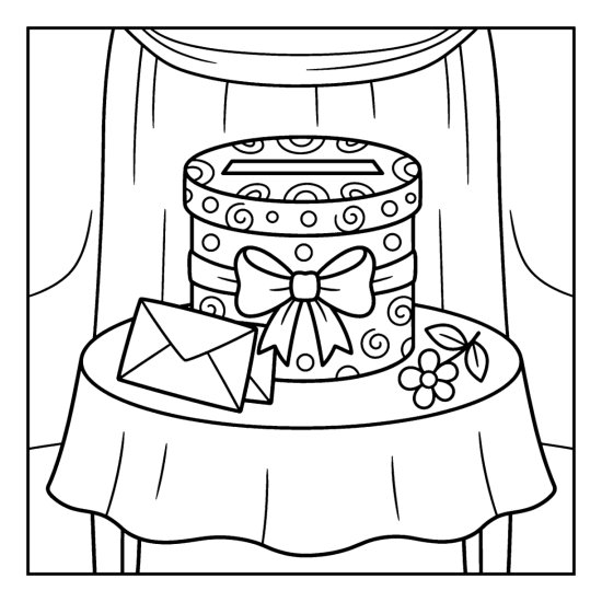 A round card box with a bow and envelope on a draped table, coloring sheet