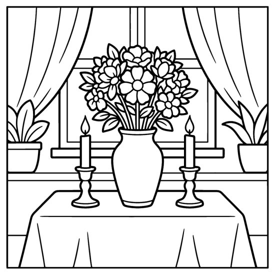 A vase of flowers flanked by two candles on a table, coloring page