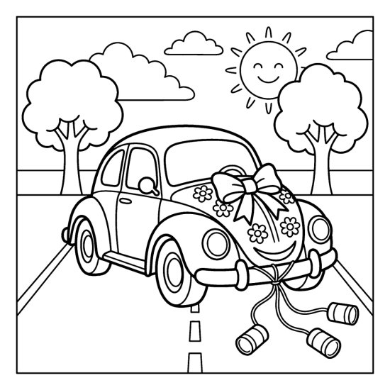 A little car with a bow and trailing cans on a road, coloring sheet