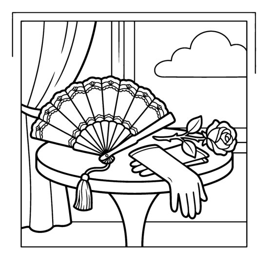 An open lace fan beside gloves and a rose on a table, coloring page