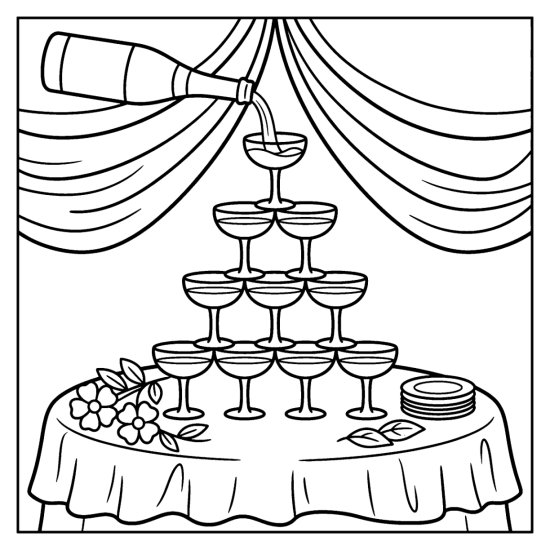 A stacked pyramid of champagne coupes being filled from a bottle, coloring sheet