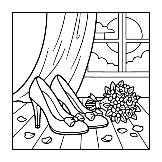 A pair of bridal high heels next to a bouquet and petals, coloring page