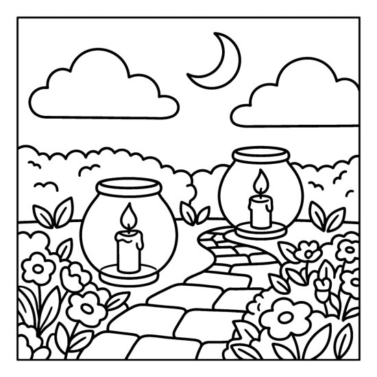 Two candle lanterns on a stone path with flowers and moon, coloring sheet