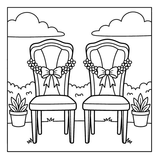 A pair of chairs decorated with bows and blooms outdoors, coloring page