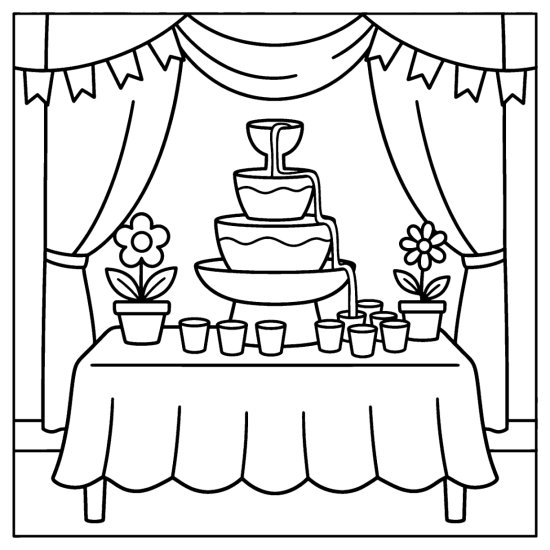 A tiered beverage fountain with a small cake on a table, coloring sheet