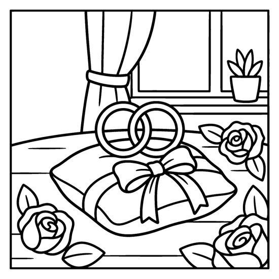 Two linked wedding rings on a ribbon cushion surrounded by roses, coloring sheet