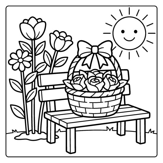 A flower basket of roses on a garden bench with tulips, coloring page