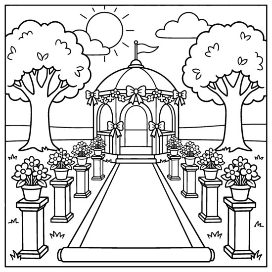 A garden gazebo above an aisle runner lined with flower pillars, coloring sheet