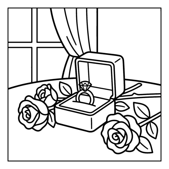 An open box with a ring set among big roses, coloring page