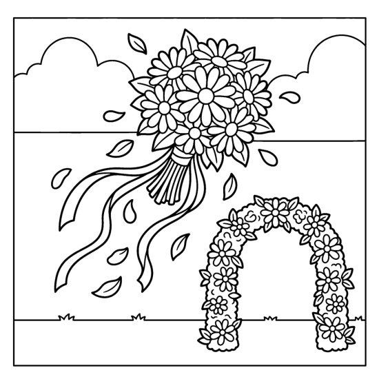 A thrown bouquet with ribbons floating above a floral arch, coloring sheet