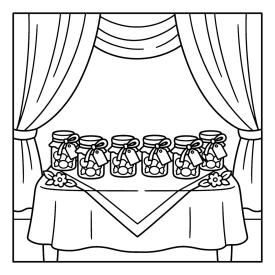 Several small favor jars with bows lined up on a table, coloring page