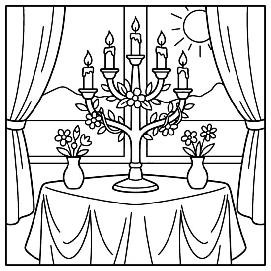 A tall candelabra with candles and two flower vases on a table, bold and easy
