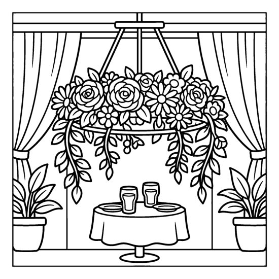 A chandelier of hanging flowers over a little table with glasses, coloring sheet
