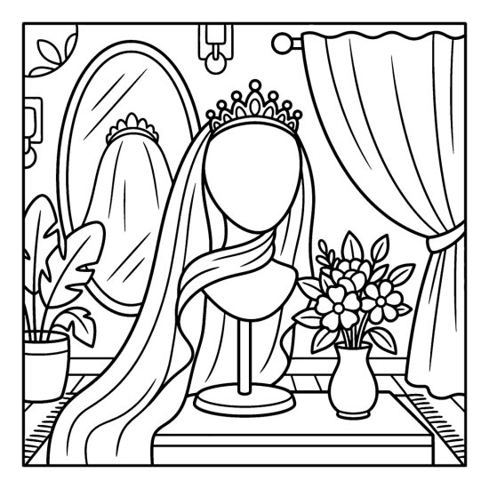 A veil and tiara on a display stand next to a mirror, coloring page