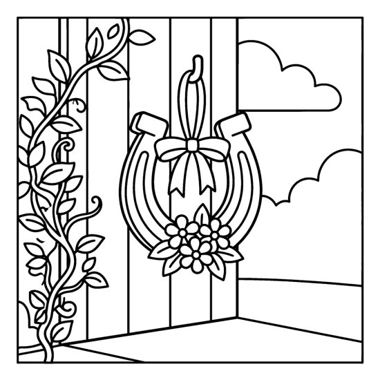 A ribbon wrapped horseshoe with flowers on a leafy vine, coloring sheet
