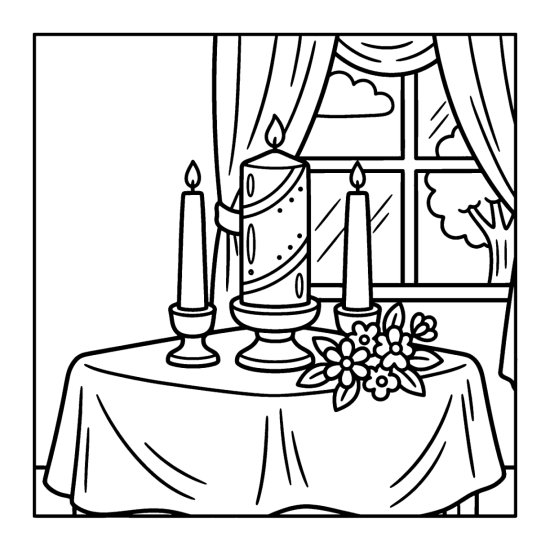 A set of three unity candles with flowers on a table, coloring page