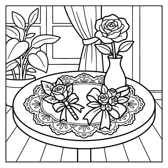 A small boutonniere and matching wrist corsage with ribbon on lace, coloring page