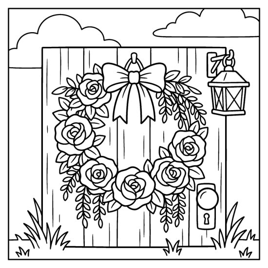 A round flower wreath with a bow on a wooden door, coloring sheet