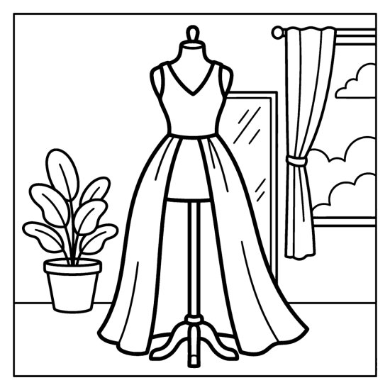 A sleeveless wedding gown displayed on a dress form near a window, coloring sheet