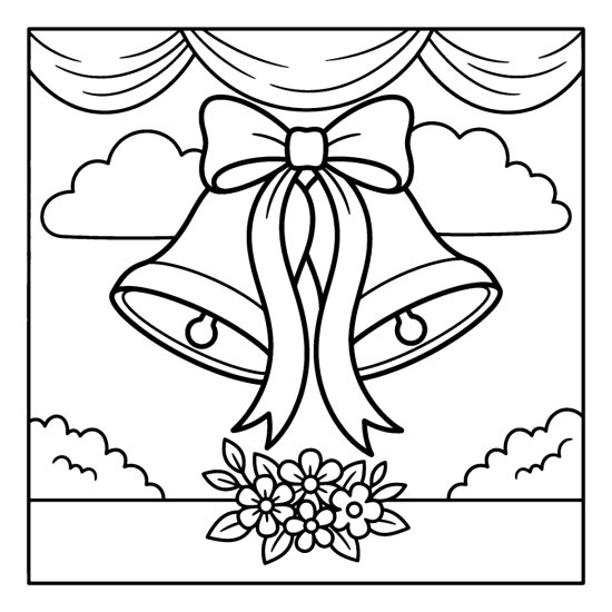 Two large wedding bells joined by a bow with clouds and flowers, coloring page