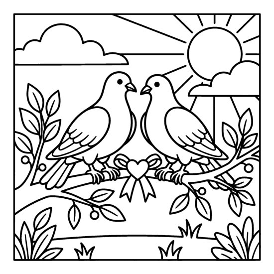A pair of doves on a branch with a sun and leaves, coloring sheet
