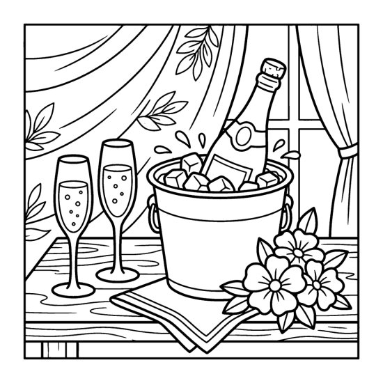 Two champagne glasses beside a bottle in an ice bucket, coloring page