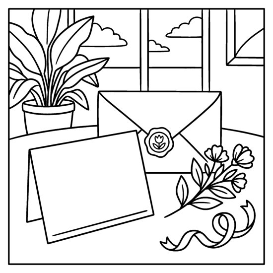 A wax sealed envelope and blank card with flowers and ribbon, coloring sheet