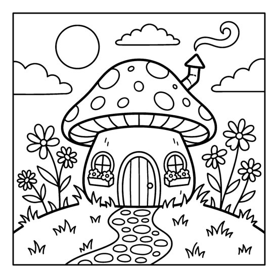 A toadstool cottage with a round door and flower boxes on a grassy hill, coloring page