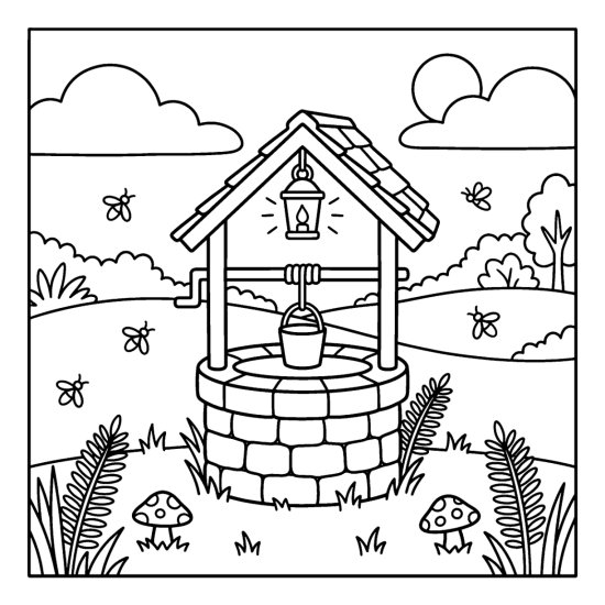 A stone wishing well with a lantern and bucket among ferns and fireflies, bold and easy